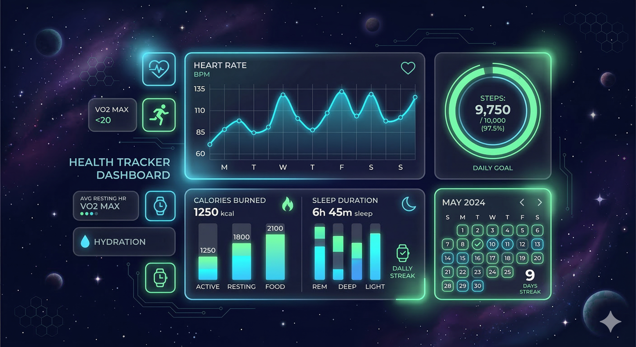 Health dashboard illustration with charts and progress panels