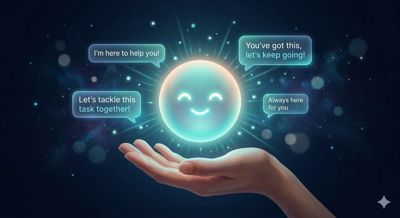 AI coach visual with glowing orb and supportive chat atmosphere