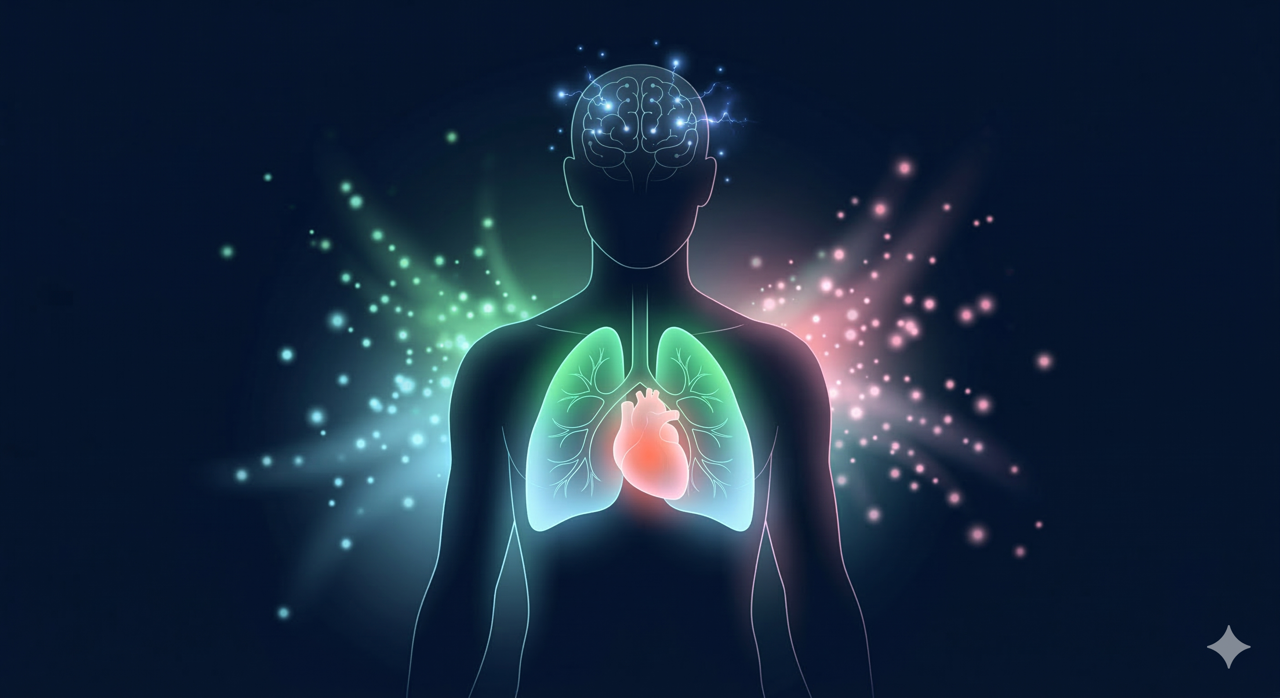 Human body healing illustration with highlighted lungs and heart