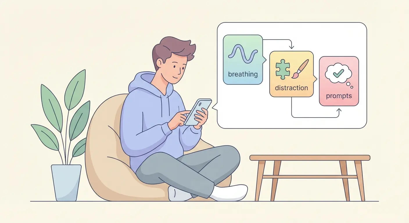 Person using a quit smoking app on a smartphone with craving-intervention tools including breathing exercises and distraction prompts