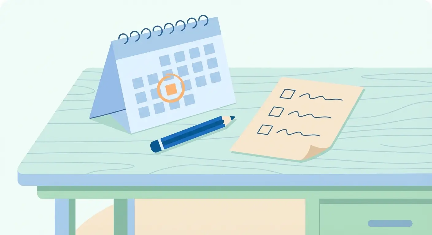 Flat-style illustration of a desk with an open calendar showing a highlighted quit smoking date, a pencil, and a written quit plan with checkboxes