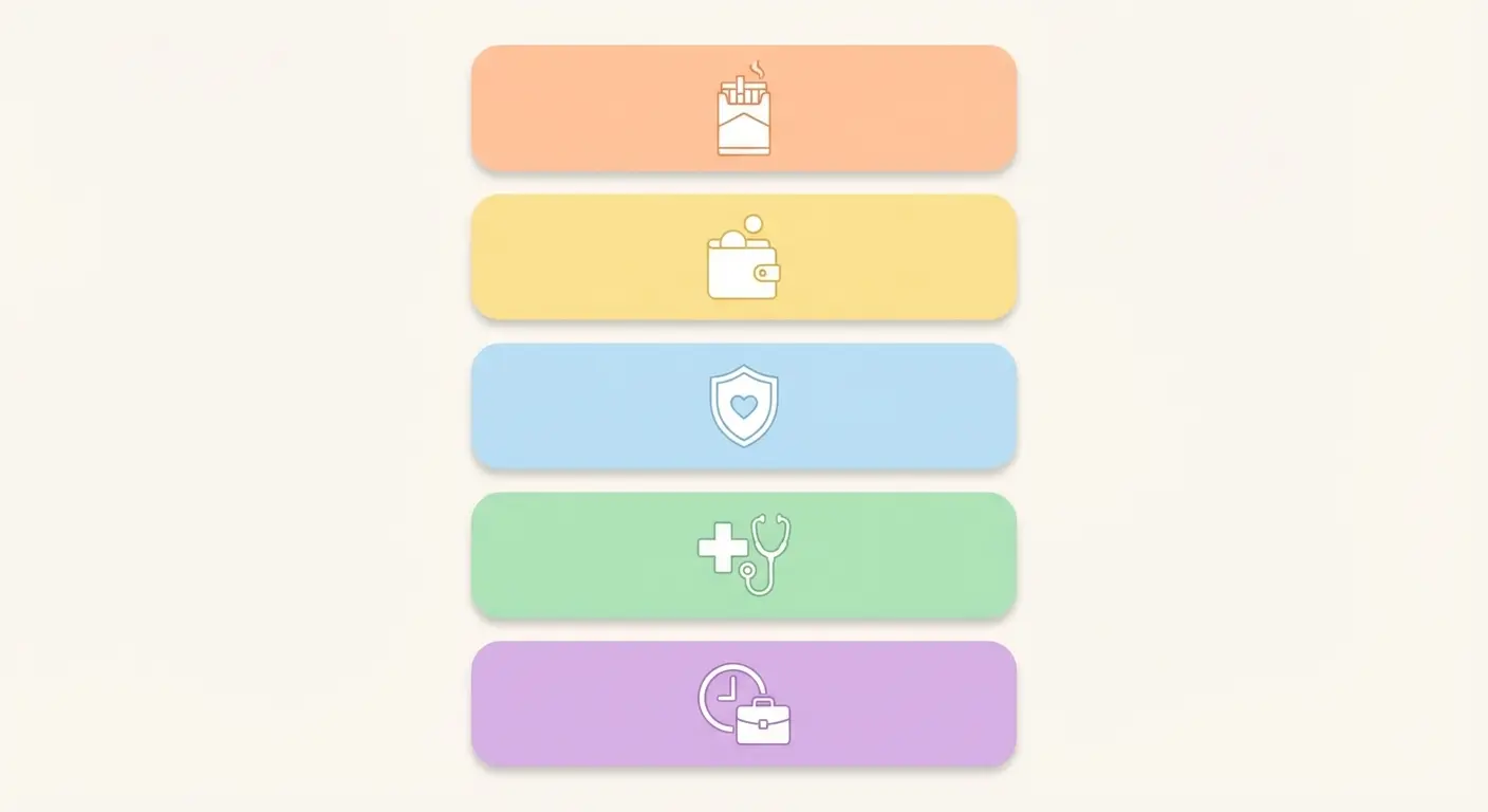Infographic showing the five major annual cost categories of smoking including cigarettes, insurance, healthcare, and lost wages