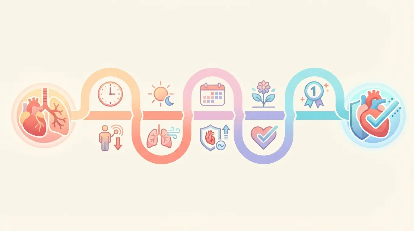 Quit smoking benefits timeline infographic showing cardiovascular improvements from 20 minutes to one year after stopping smoking