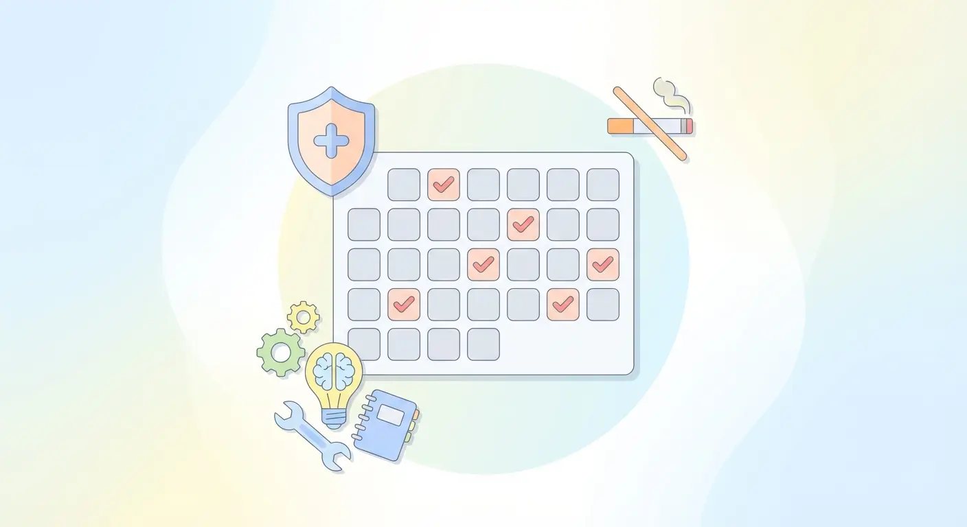 One-month quit smoking plan calendar with progress checkmarks and structured support tools