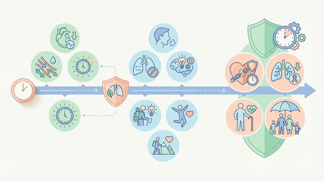 Long-term quit smoking benefits timeline infographic showing milestones from improved circulation to halved coronary heart disease risk and reduced lung cancer mortality