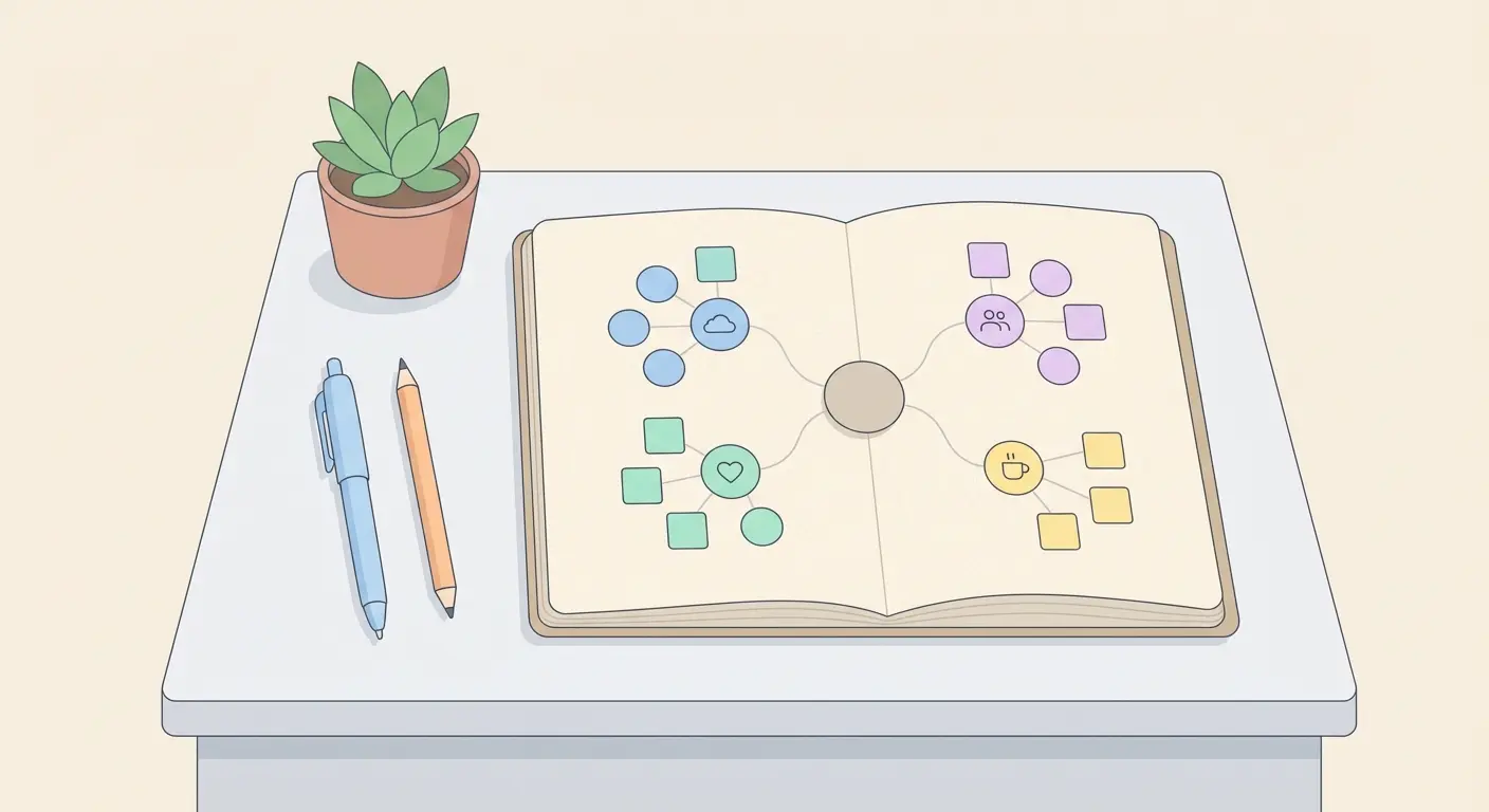Open journal on a desk showing a color-coded trigger-mapping diagram for identifying cigarette craving patterns