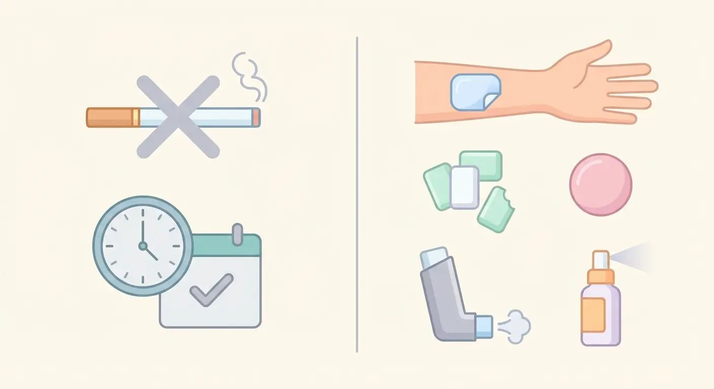 Split comparison illustration showing quit smoking cold turkey versus nicotine replacement therapy products including patches, gum, and lozenges