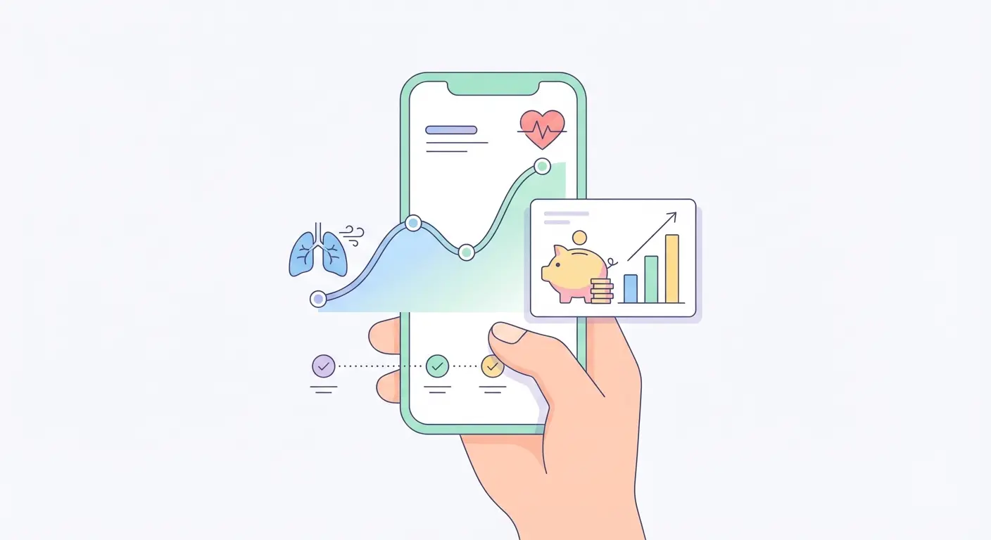 iQuit app interface showing a health recovery timeline with lung and heart milestones alongside a real-time money saved counter and savings bar chart