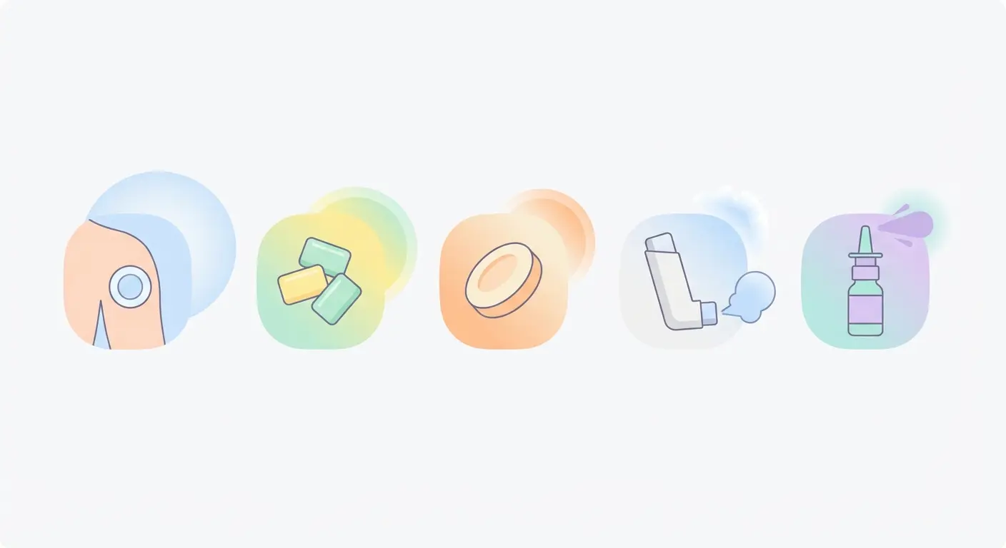 Five nicotine replacement therapy product types illustrated side by side: nicotine patch on arm, gum pieces, lozenge, inhaler, and nasal spray with delivery speed indicators