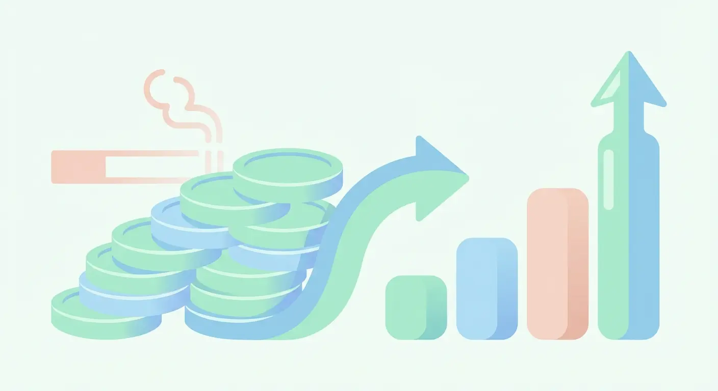 Infographic showing annual savings from quitting smoking — cigarette icon replaced by rising coin stack and yearly savings bar chart