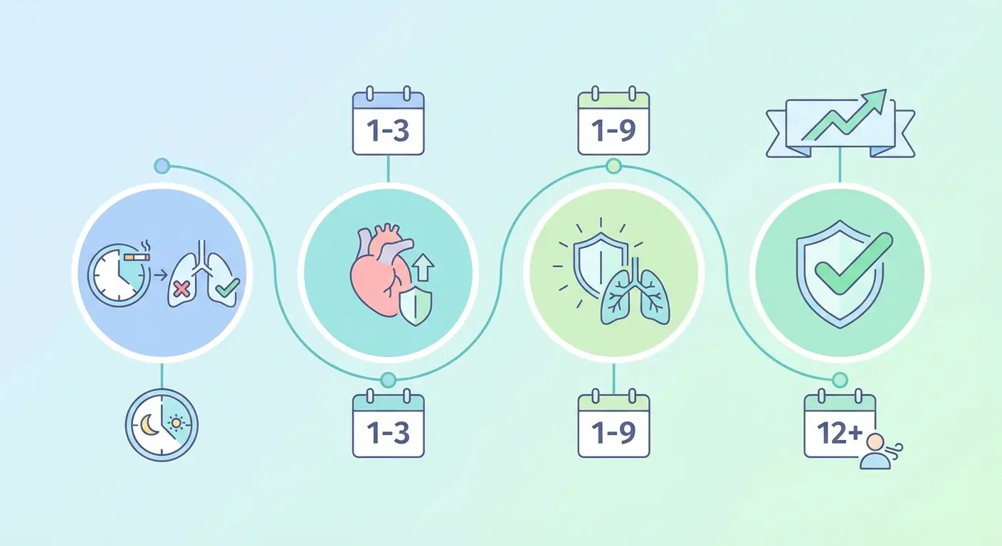 Flat-style infographic showing the quit smoking benefits timeline for COPD patients, with milestone icons for hours, days, weeks, and months after quitting