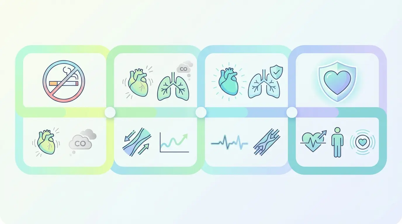 Infographic showing cardiovascular health benefits and recovery timeline after quitting smoking, from reduced carbon monoxide to improved heart health