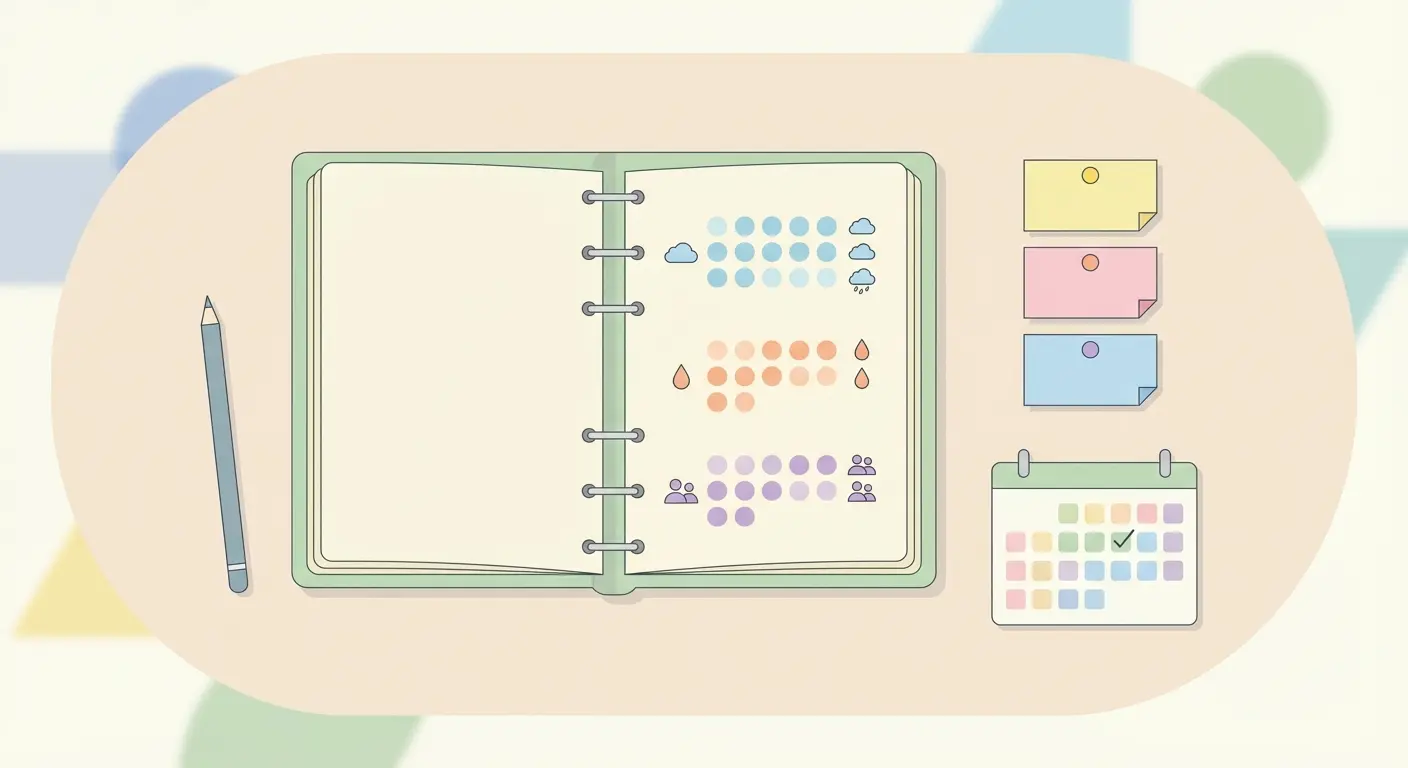 Open journal on a desk showing color-coded symbols for mapping cigarette smoking triggers — situational, emotional, and social — as part of a quit smoking craving plan