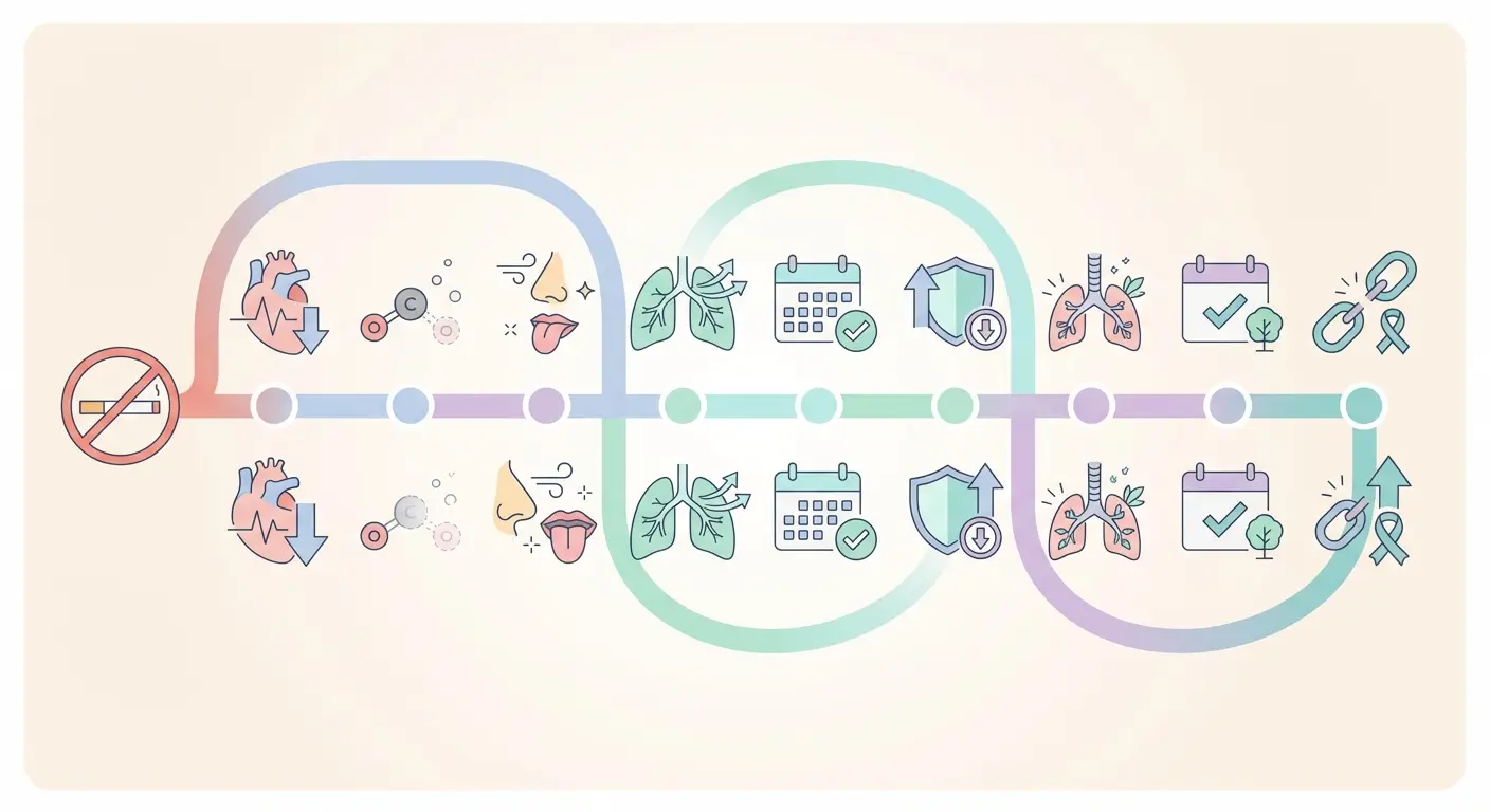 Health recovery timeline infographic showing what happens when you quit smoking — from 20 minutes to 15 years after cessation