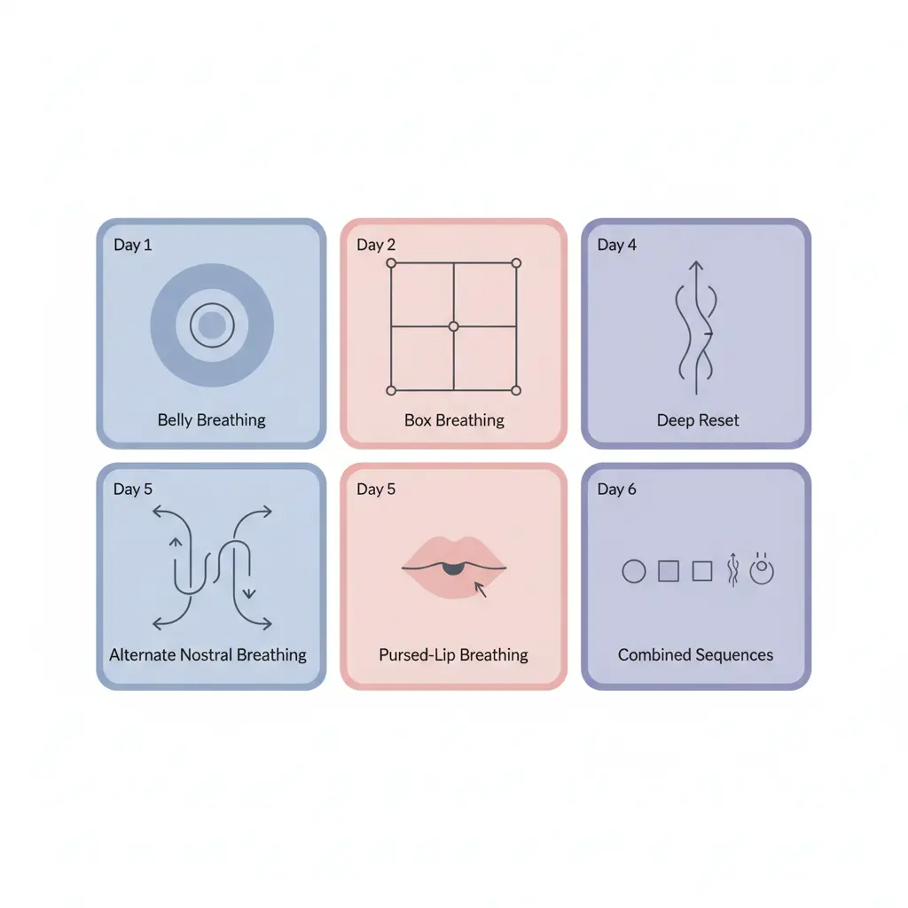 7-day quit smoking breathing plan calendar showing daily techniques for managing cigarette cravings