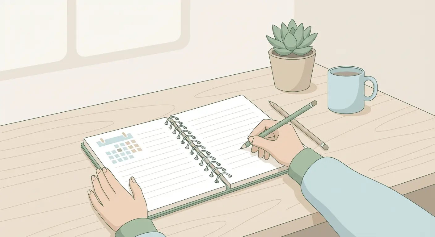 Person writing a quit smoking date in a journal beside a calendar, planning their smoke-free commitment