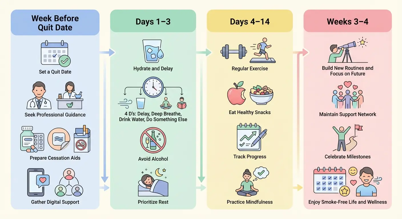 30-day quit smoking plan checklist infographic showing week-by-week steps from setting a quit date to managing cravings and building new routines