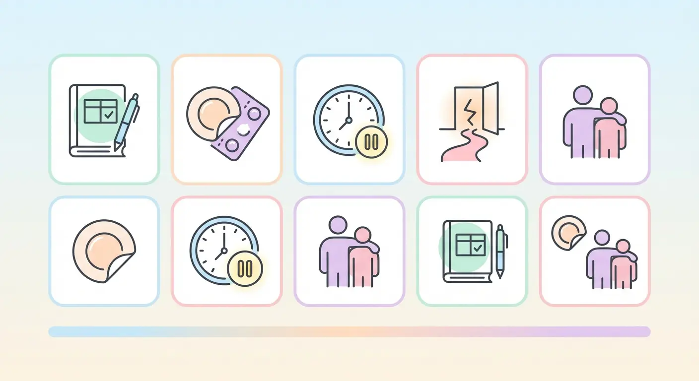 Seven-day quit smoking plan calendar showing daily action icons for tracking, NRT, delay tactics, and social support