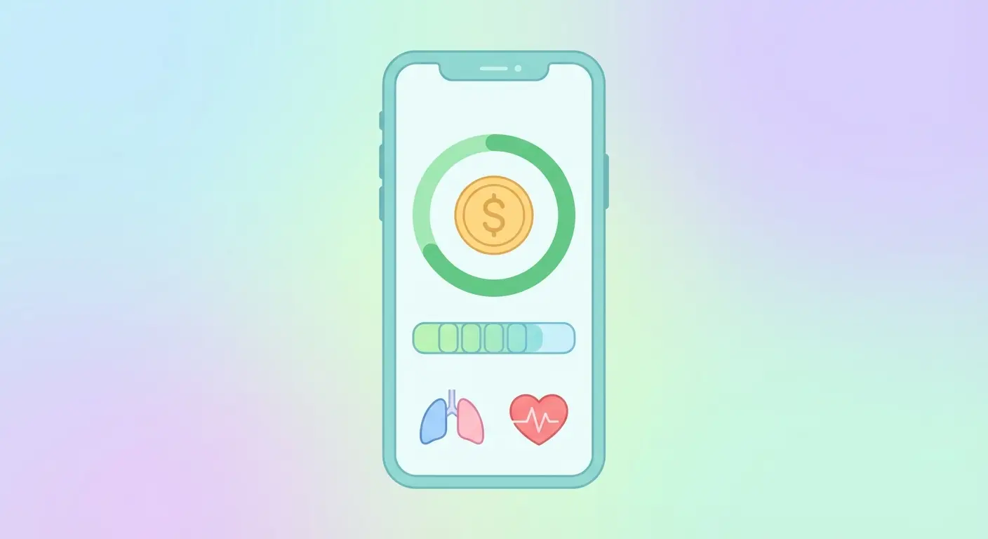 Quit smoking app displaying a real-time money-saved counter with health milestone icons on a smartphone screen