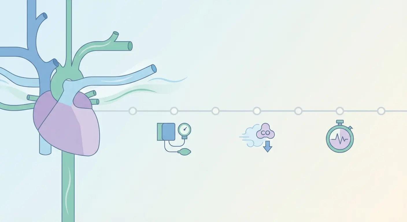 Flat-vector illustration showing heart health and recovery timeline after quitting smoking, from day one through twelve months smoke-free