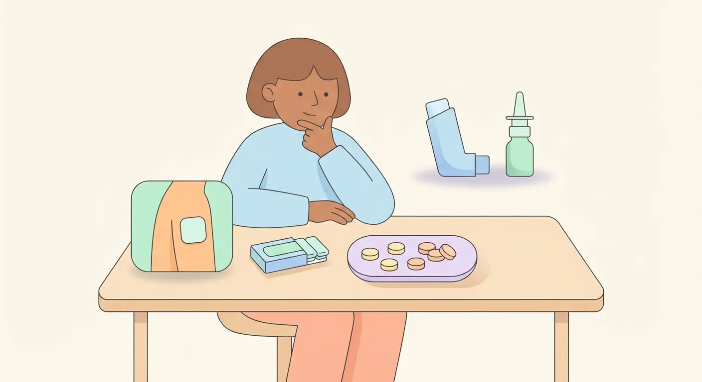 Person reviewing nicotine replacement therapy options including patch, gum, lozenge, inhaler and nasal spray to quit smoking
