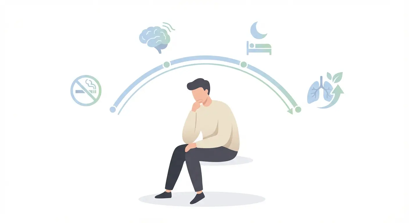 nicotine withdrawal timeline concept showing phases from cravings to recovery with neural changes and sleep disruption icons