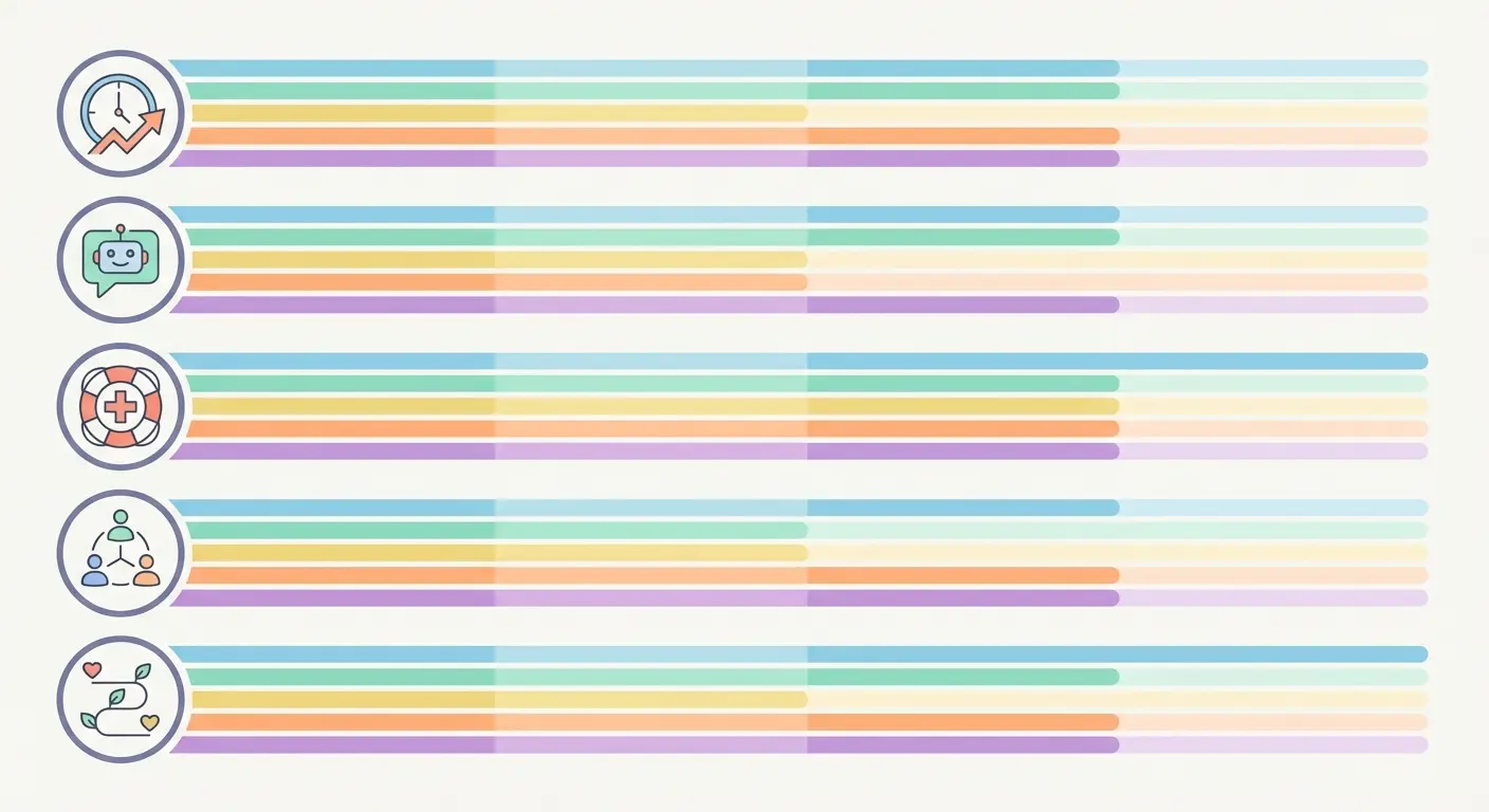 Best quit smoking app 2026 feature comparison panel showing icon-based grid of real-time savings tracker, AI coaching, SOS craving support, community accountability, and health timeline features