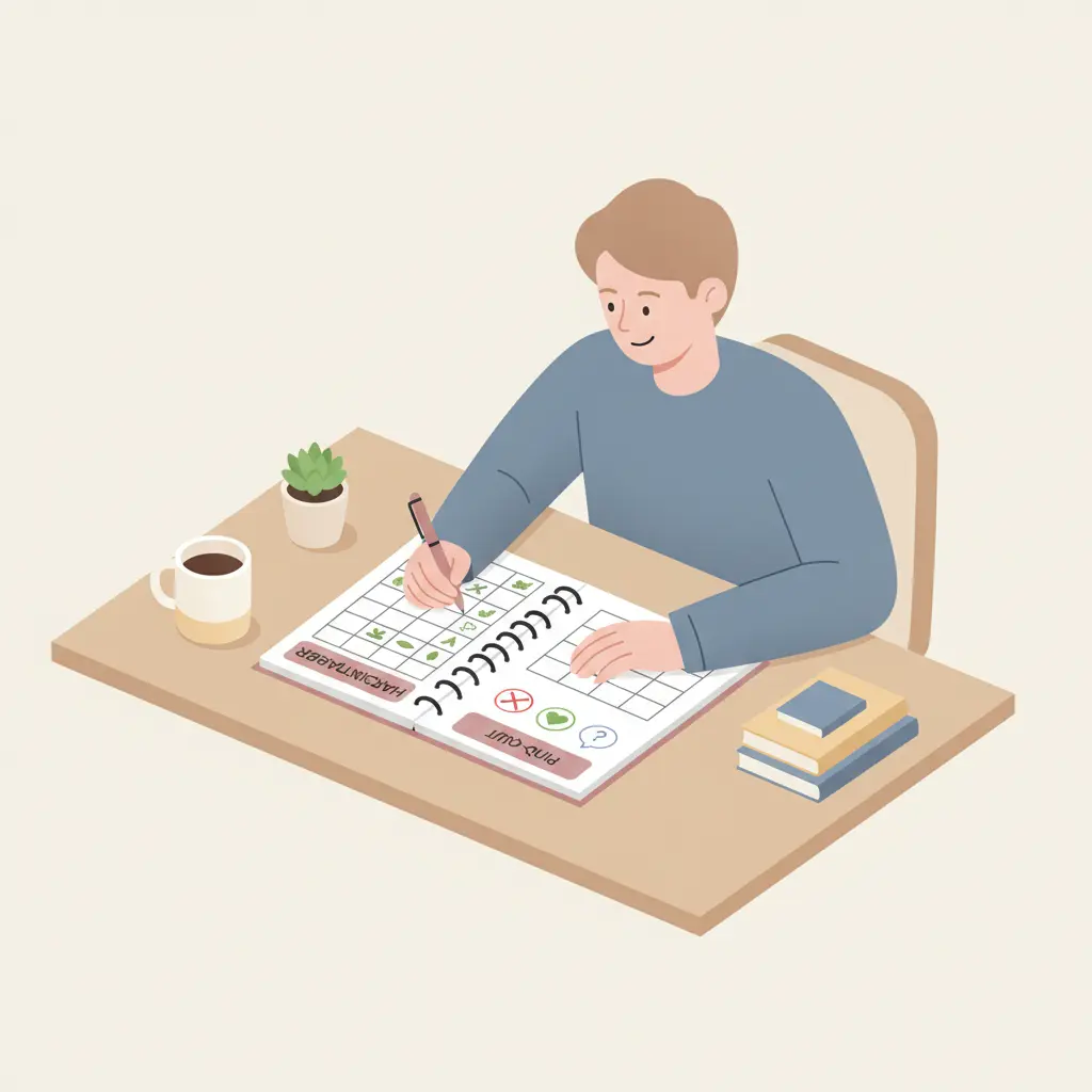 Person seated at a desk tracking smoking habits in a notebook as part of a pre-quit assessment for quitting smoking