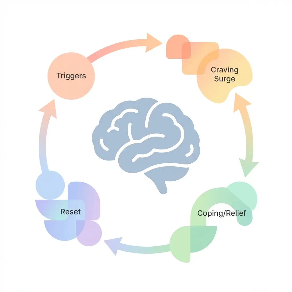 Diagram showing the cigarette craving cycle in the brain — triggers, craving surge, relief, and reset — illustrating how nicotine rewires neural pathways