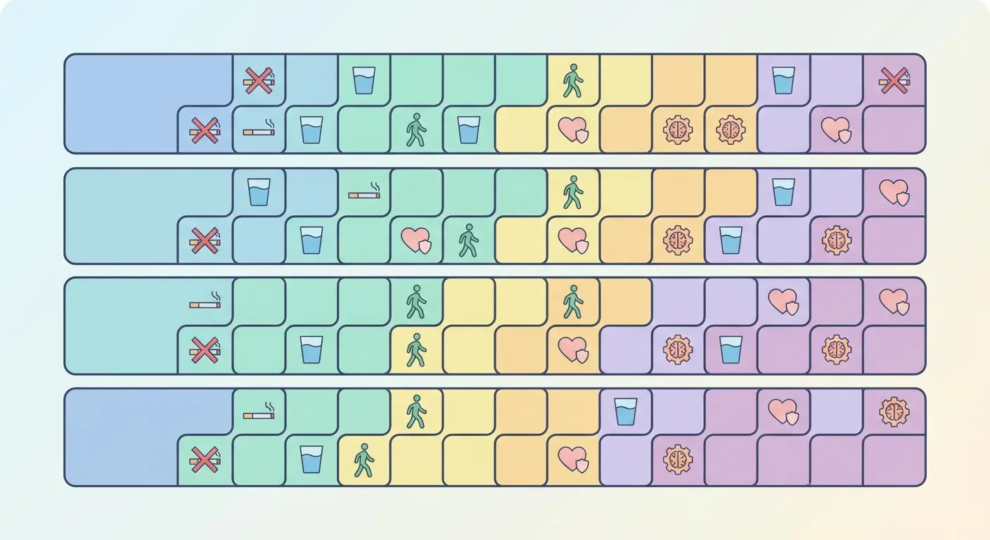 Four-week quit smoking plan calendar with icons representing key steps: no cigarettes, hydration, exercise, trigger management, and behavior change