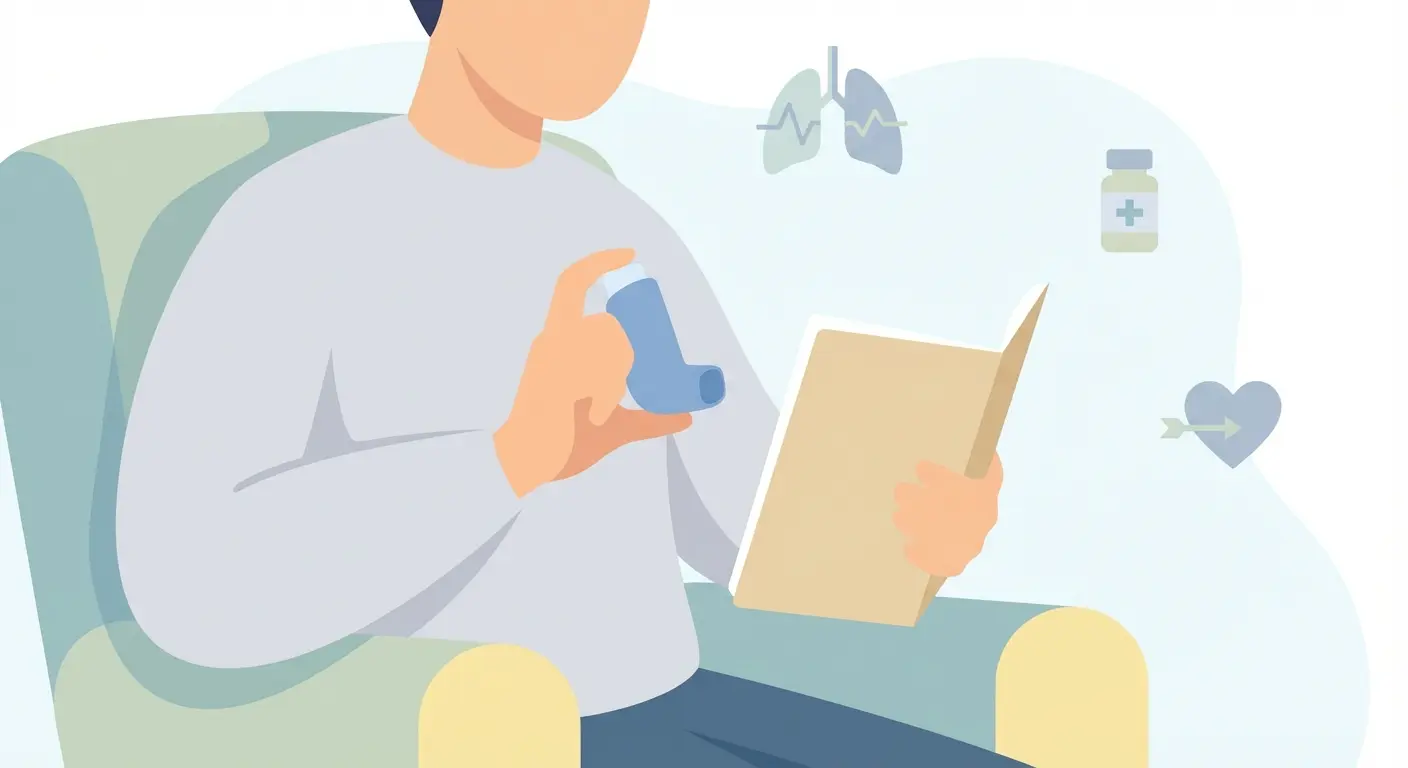 Person with COPD using an inhaler while holding a quit smoking planning journal in a home or clinic setting