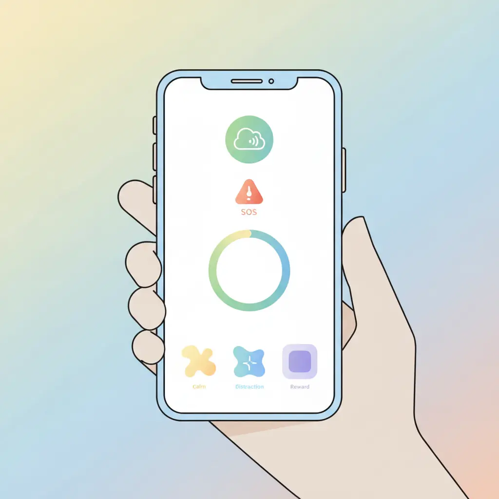 Smartphone displaying a quit smoking app with craving support and SOS emergency feature to stop cigarette cravings