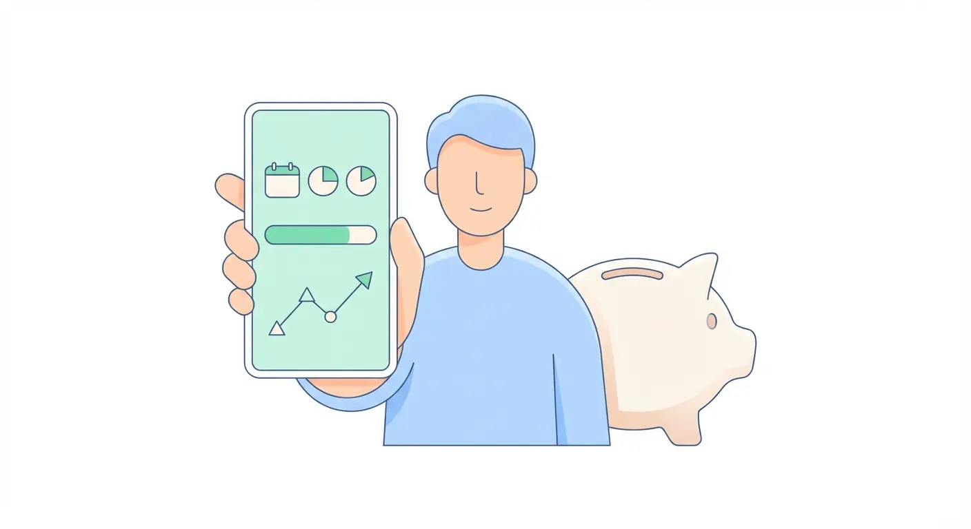 Person using a quit smoking tracker app on smartphone with piggy bank in background showing money saved