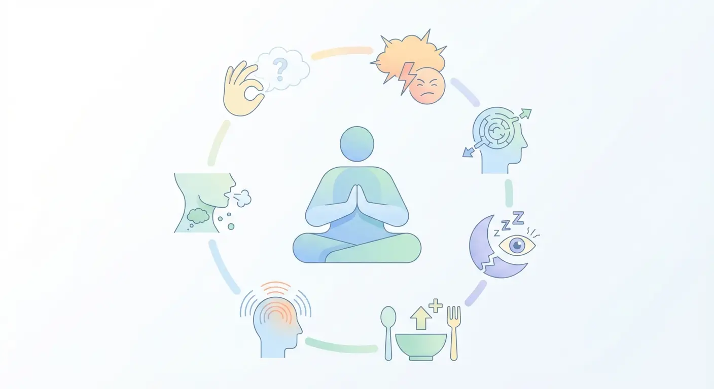 Flat-vector infographic illustrating the seven common nicotine withdrawal symptoms including cravings, irritability, sleep disruption, and difficulty concentrating