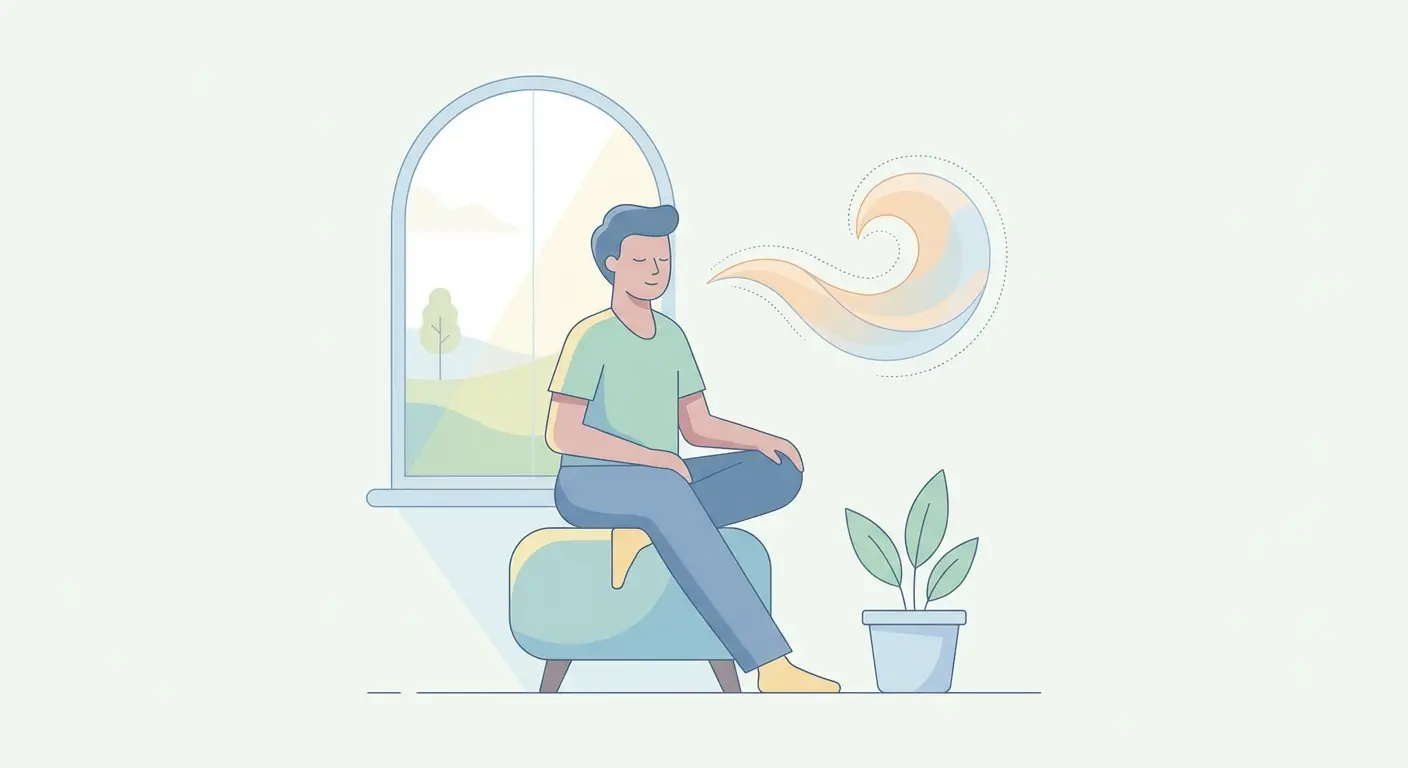 Person seated mindfully by a window practicing the craving surfing technique, observing a cigarette craving as a passing wave