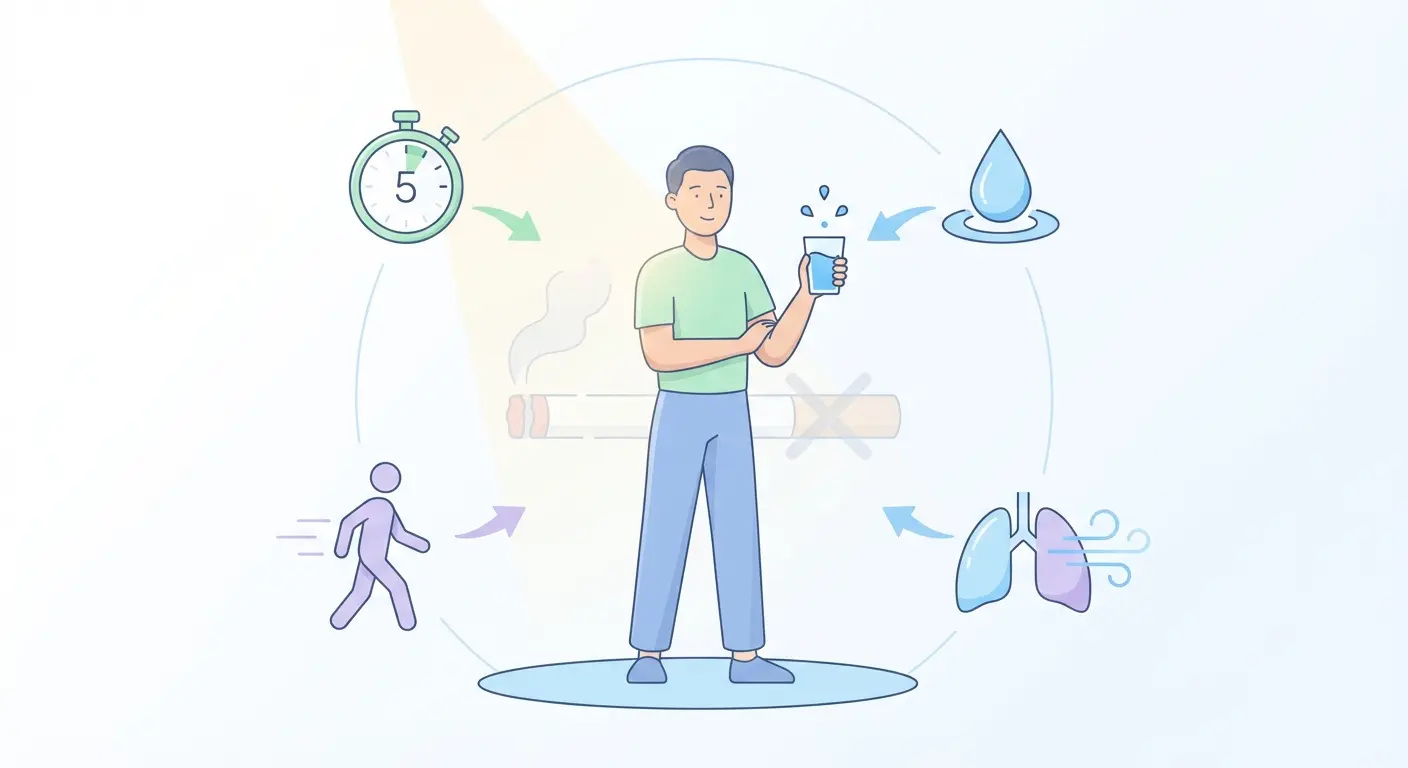 Person holding a glass of water with coping cue icons for how to stop cigarette cravings: a 5-minute timer, water droplet, walking figure, and deep breathing lungs