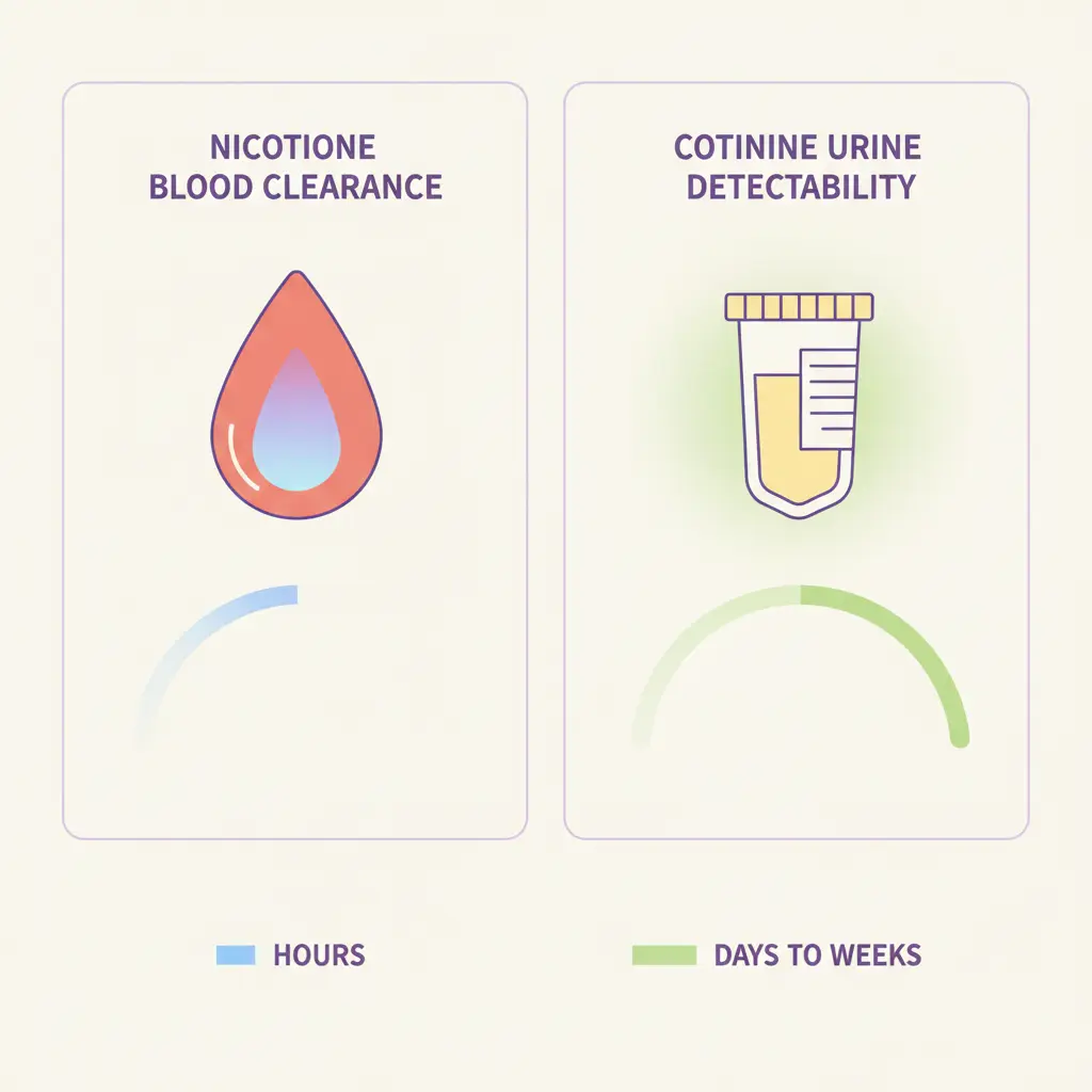 Side-by-side comparison of nicotine clearance from blood versus cotinine detectability in urine after quitting smoking, showing nicotine clears faster than cotinine