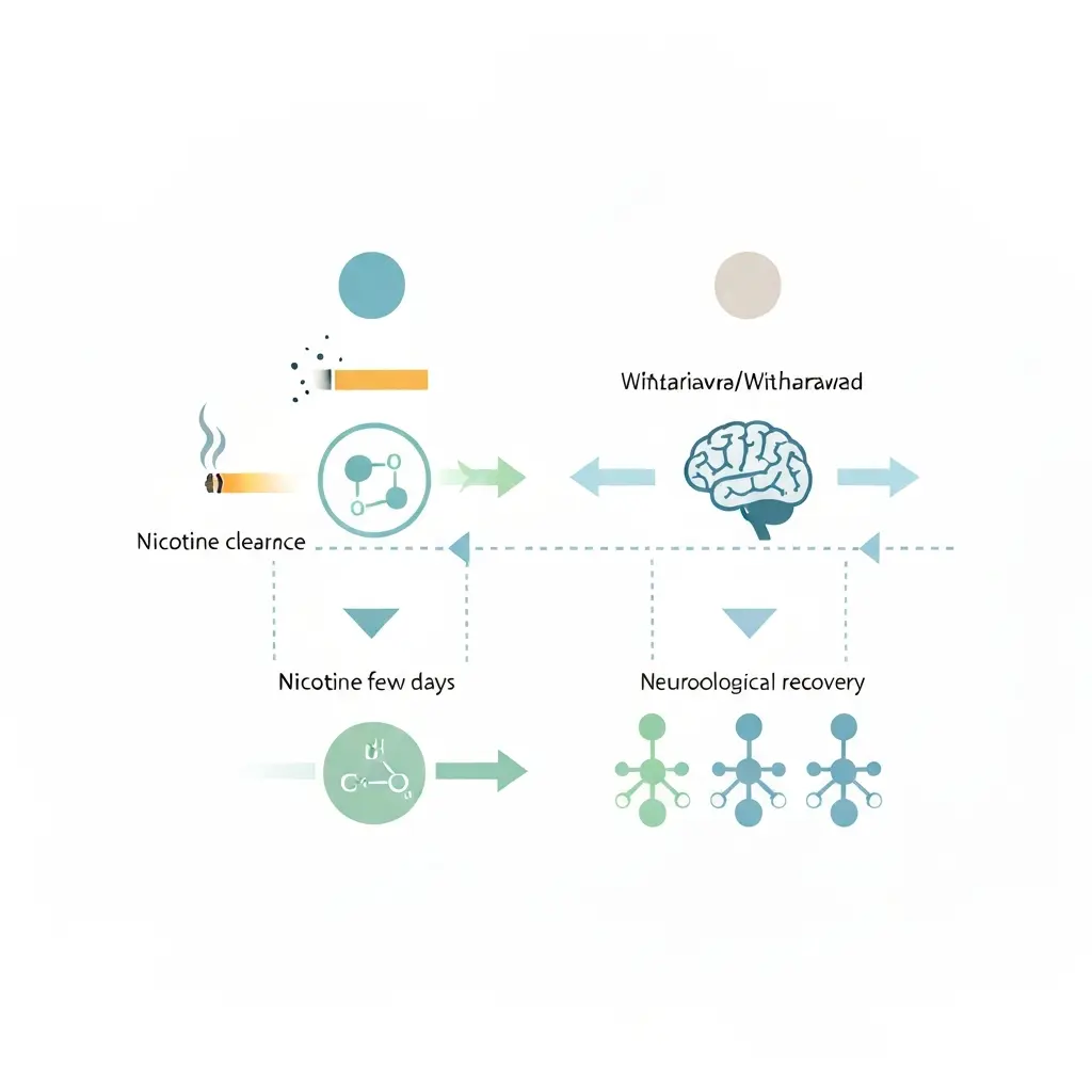 Infographic showing nicotine clearance versus withdrawal recovery timeline after quitting smoking