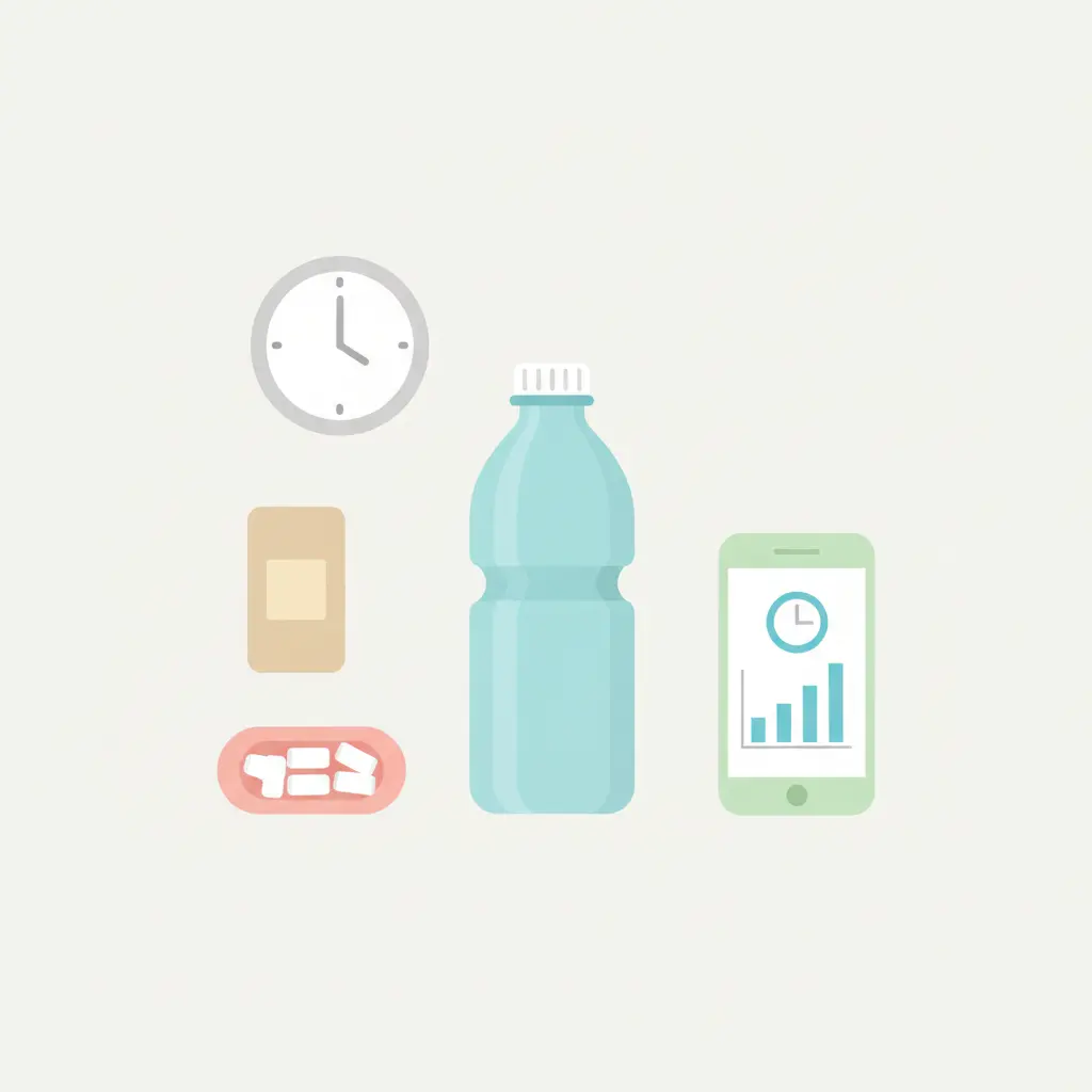 Quit smoking 48-hour survival kit showing water, nicotine replacement therapy patch, gum, a clock, and a smartphone tracking app — practical tools for managing nicotine withdrawal in the first two days