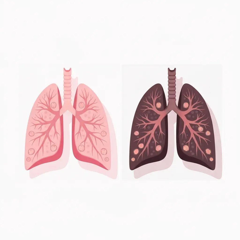 Cross-section comparison of healthy pink lungs versus damaged smoker lungs showing reduced alveoli — illustrating the lung healing process after quitting smoking
