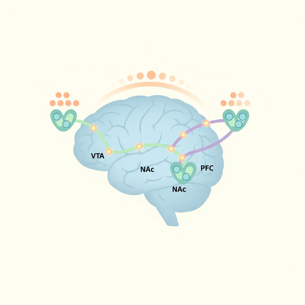 Brain reward pathway diagram showing how nicotine triggers dopamine release through nicotinic acetylcholine receptors, explaining why nicotine withdrawal symptoms peak around 48 to 72 hours after quitting