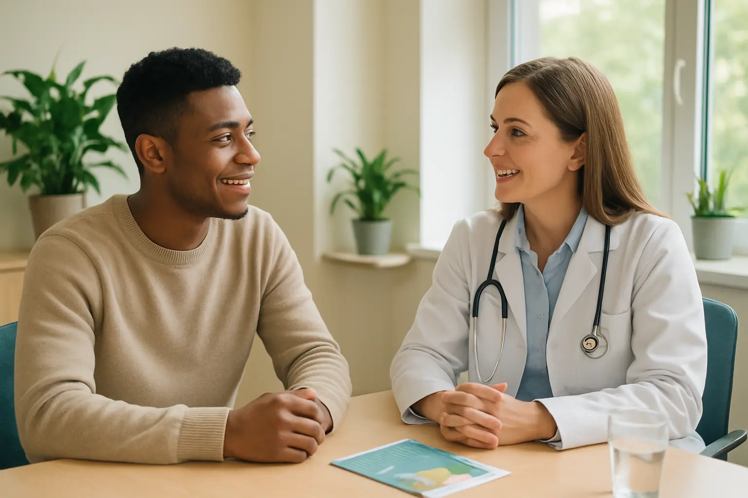 Student talking with a health adviser in a university health centre about quitting smoking