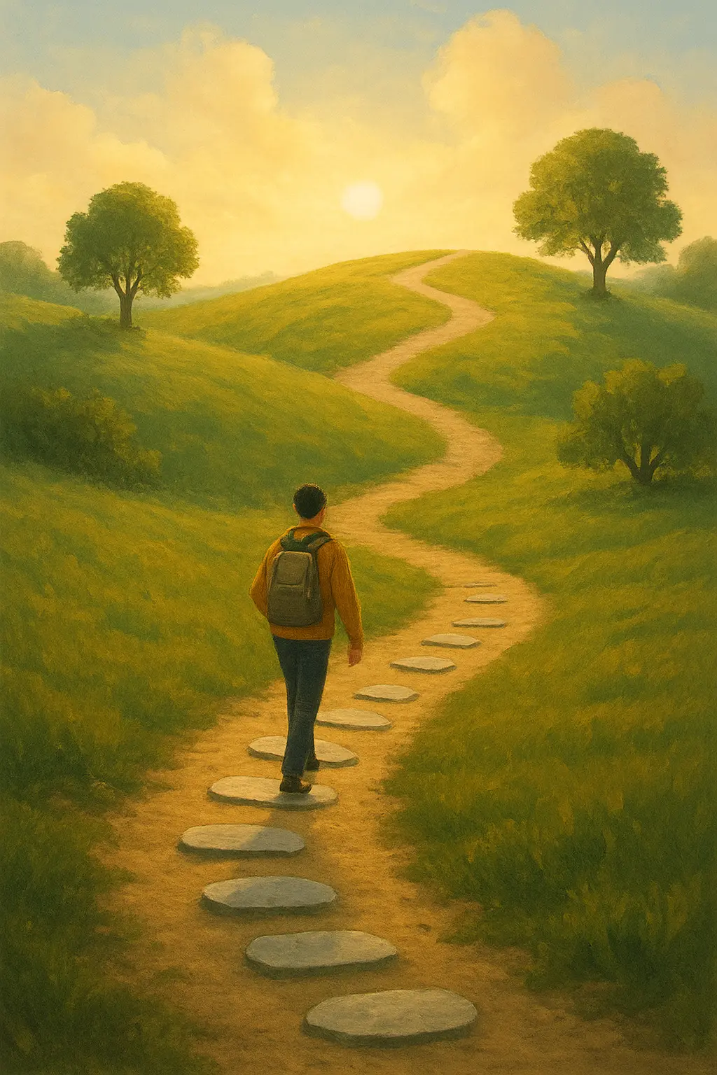 Illustration of a person walking a path of twelve stepping stones toward a sunny hilltop, representing weeks 5 to 12 of a varenicline quit plan