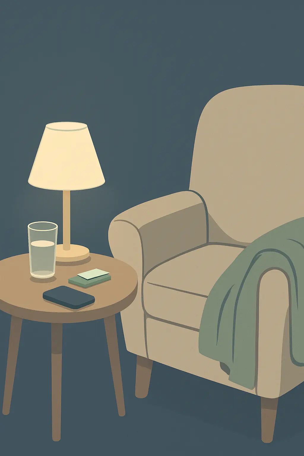 Side table beside a nursing chair set up for a night feed with water, gum, a muslin and a phone, ready before the craving arrives