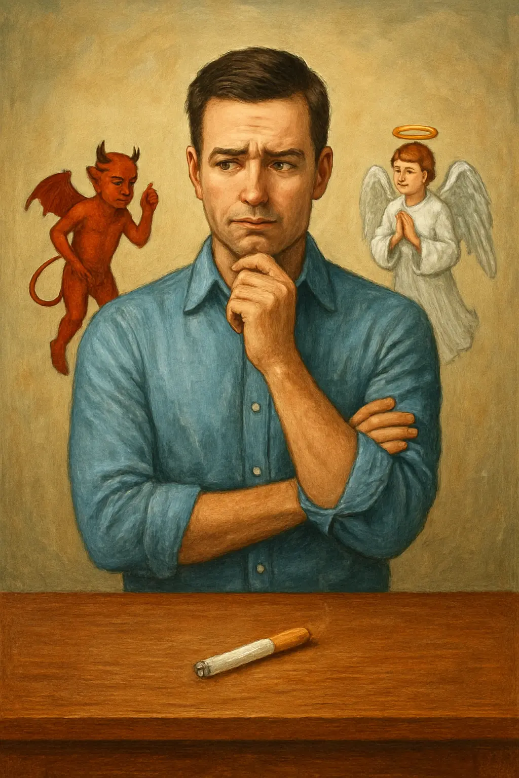 Person pausing at a moment of temptation, representing the overconfidence relapse trap after two weeks smoke-free