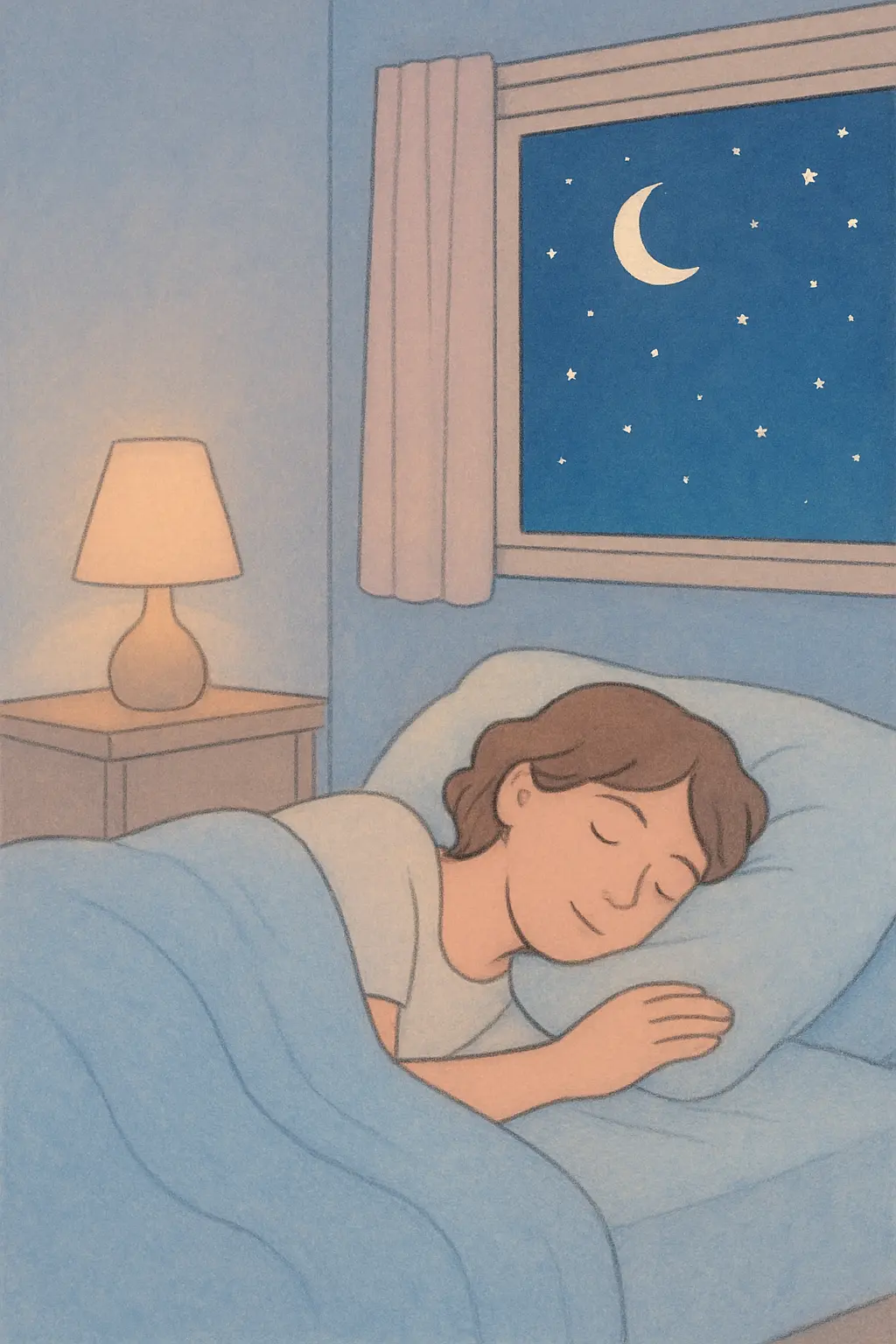 Illustration of a person sleeping peacefully at night in a calm bedroom