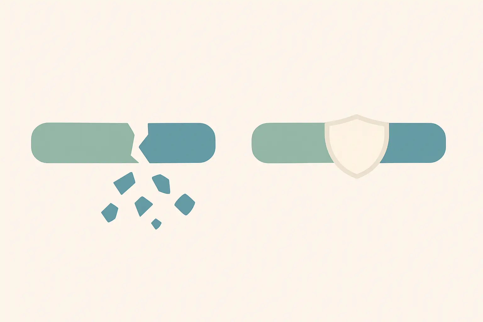 Diagram comparing a progress bar breaking into fragments with a continuous bar held together by a small shield over one gap