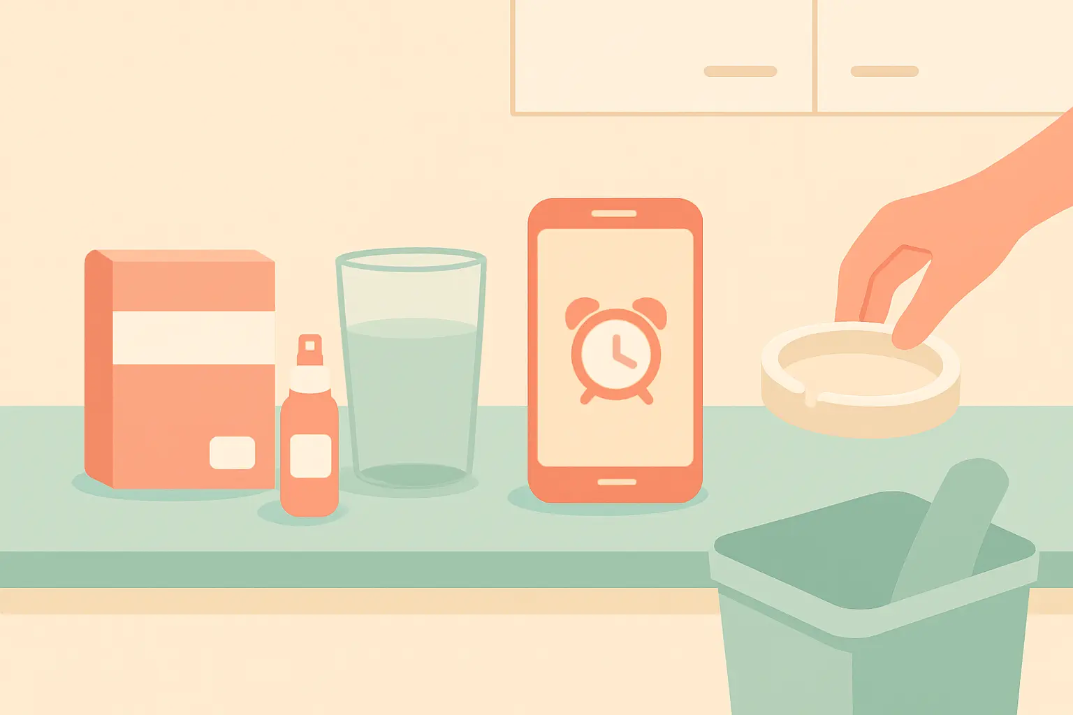 Nicotine patches, spray, water and a phone alarm laid out on a counter the night before a quit date, with an ashtray going into the bin