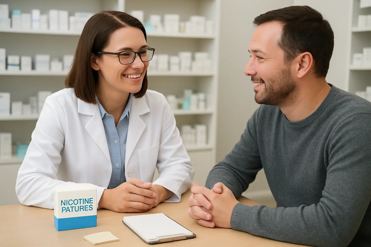 Illustration of a patient talking with a pharmacist beside nicotine patches and a checklist, discussing stop smoking medication during addiction recovery