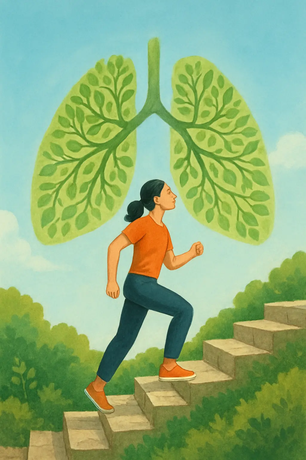 Illustration of a person climbing steps and breathing more easily as lung function begins to improve two months after quitting smoking